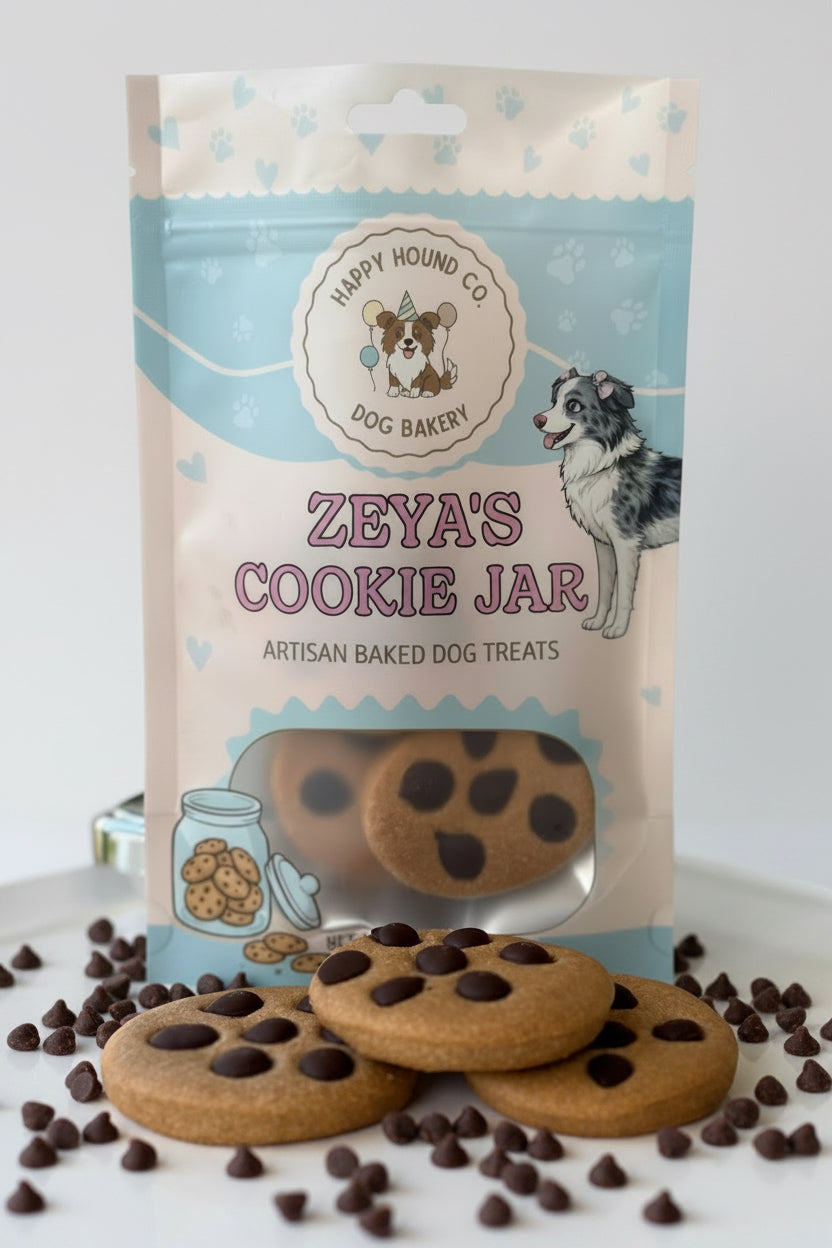 Dog treats with a branded packaging labeled 'Zeya's Cookie Jar' on a white surface.