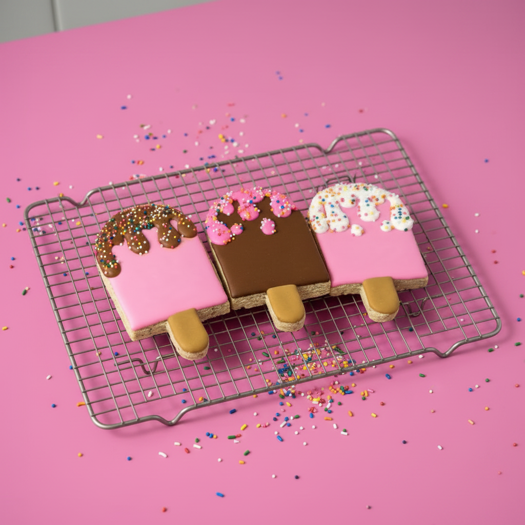 Three cookie popsicles with pink and brown icing on a white background