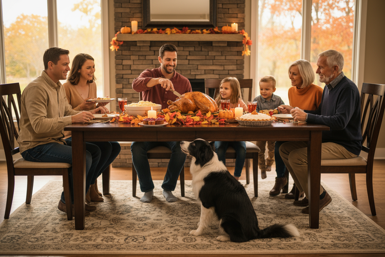 border collie with owner and family celebrating thanksgiving